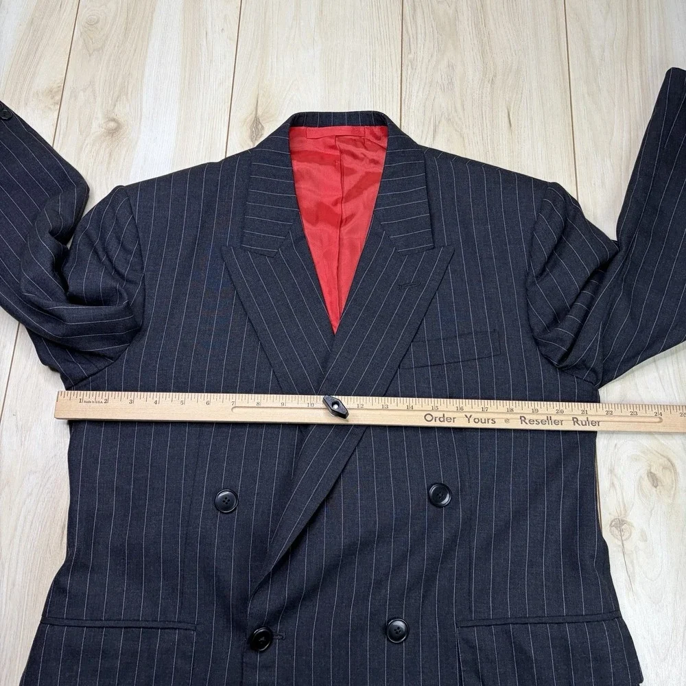 VTG 90s Double Breasted Pinstriped Gray Wool Suit Mens 42S Slim 38x30 ASPERS